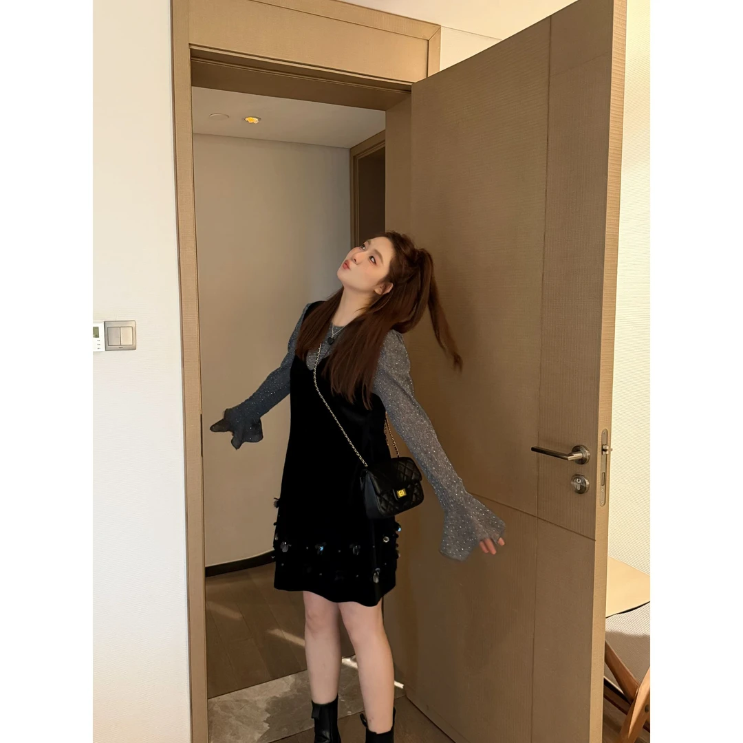 楠序【温妮日记】源子微胖女装 2025秋装打底背心裙两件套装YZ37328