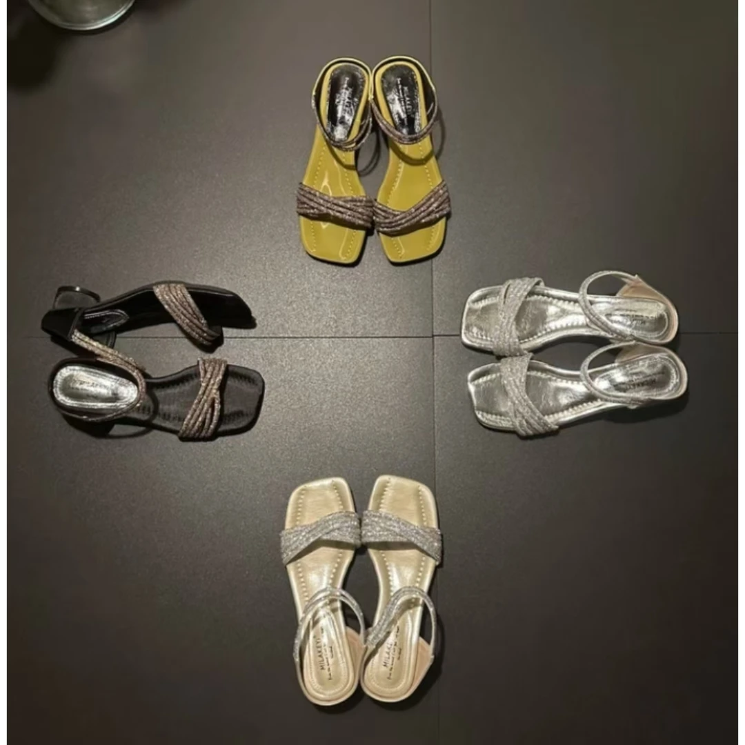 夏季新款法式时尚交叉水钻爆款凉拖潮流百搭网红方头凉鞋DY338