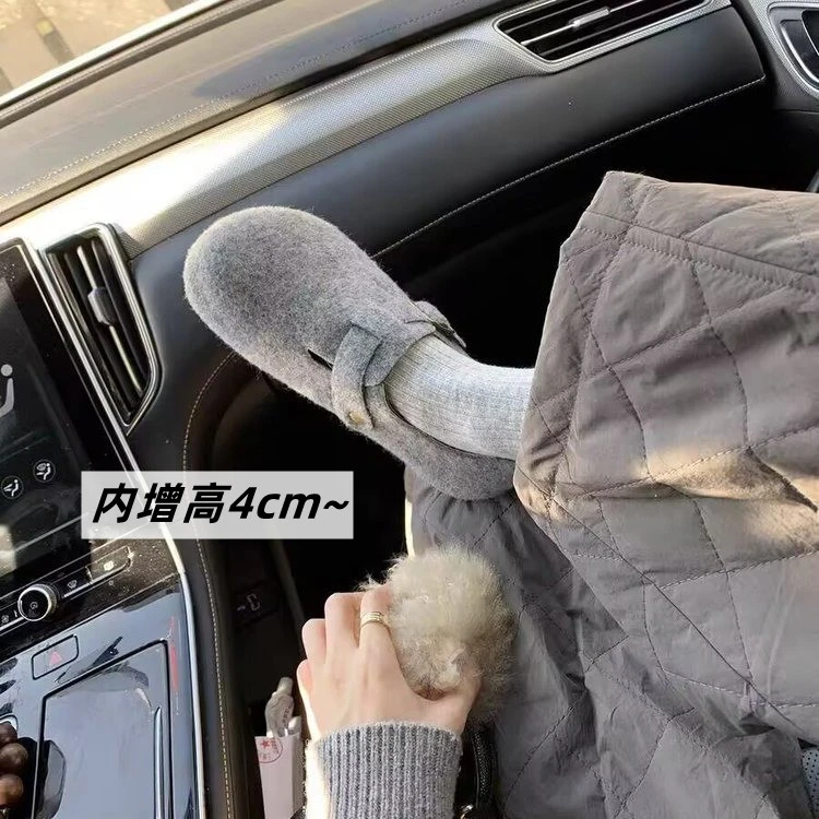 厚底勃肯鞋女内增高秋冬加绒雪地靴保暖毛毛棉鞋灰色半拖博肯女鞋