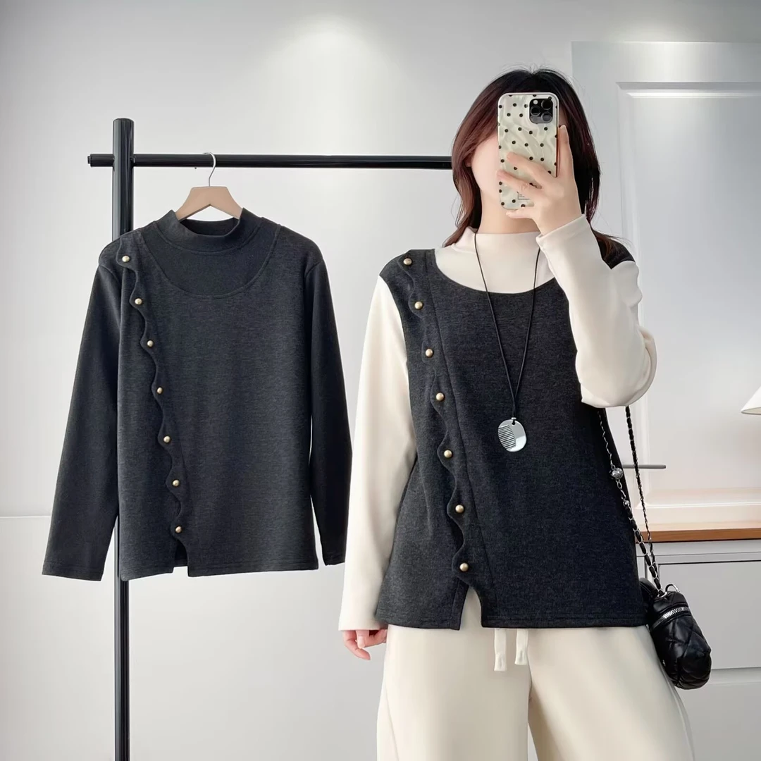 CC大码冬季新款时尚假两件撞色长袖圆领时尚网红女装显瘦气质打底