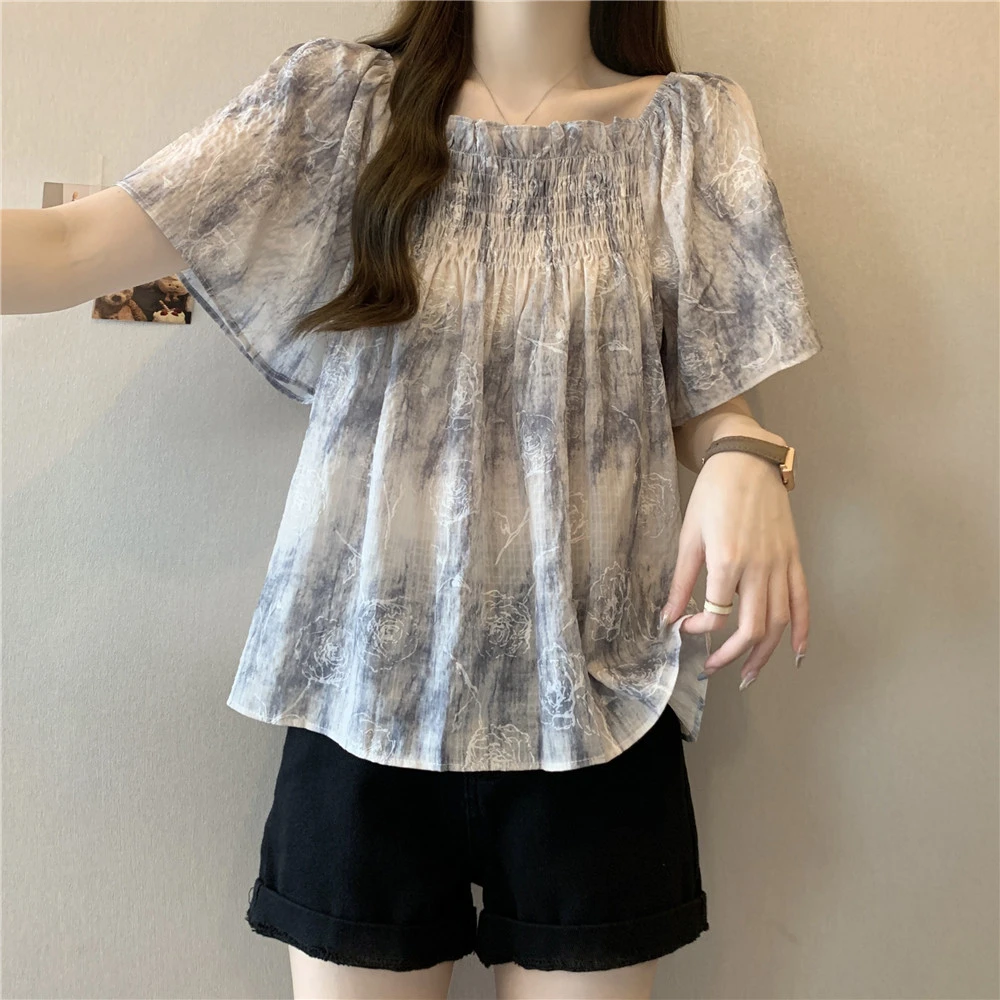 法式方领短袖雪纺衬衫上衣女夏季大码MM显瘦短袖女款爆款2025新款