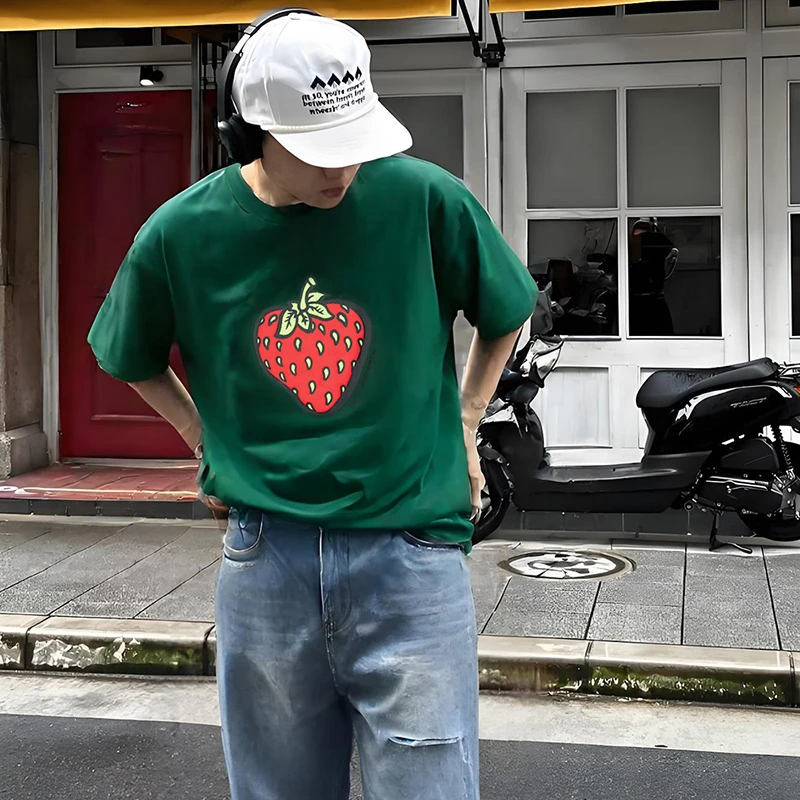 Lookun 水果塔 280g艾可拉平纹棉短袖圆领卡通印花情侣宽松夏季男