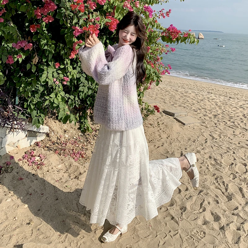 2025秋前两穿蝴蝶结渐变毛衣蕾丝半身裙两件套2C133-P145-K198