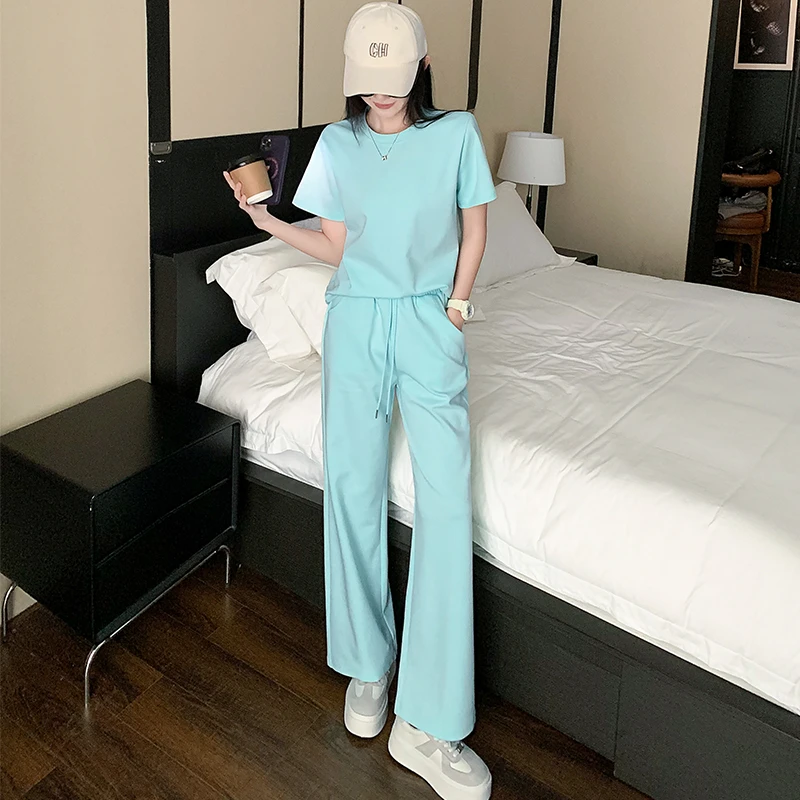 学院风运动套装女夏季2025新款时尚洋气减龄蓝色T恤阔腿裤两件套