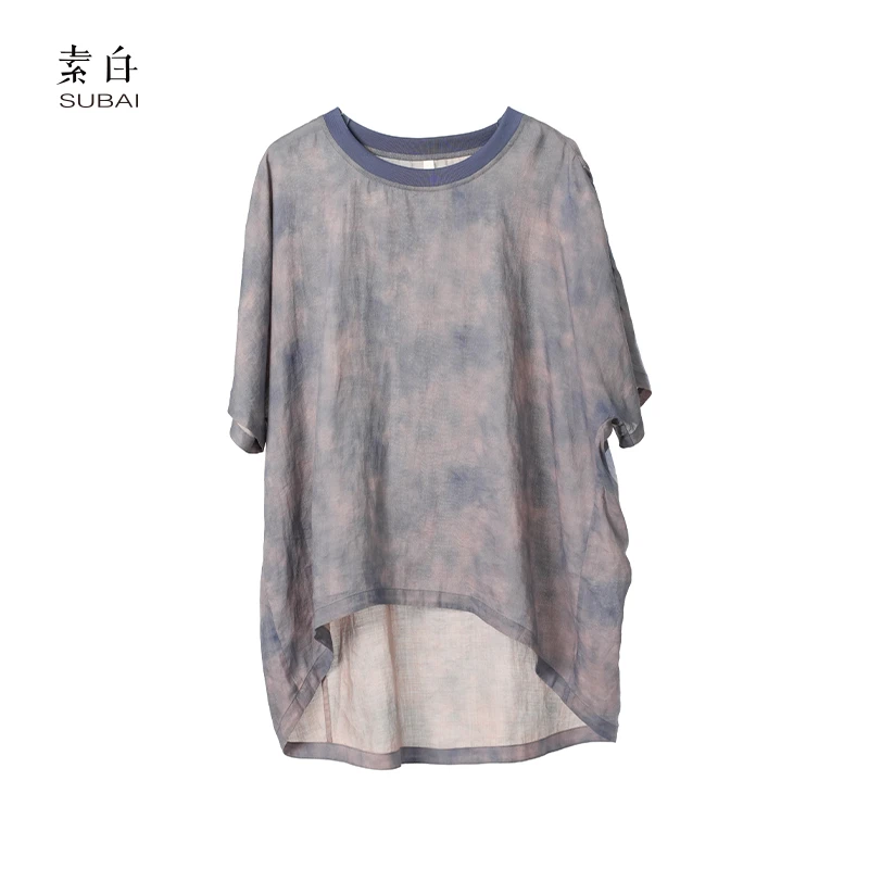 素白小众设计【天空】T01478随性百搭夏季苎麻印花T恤