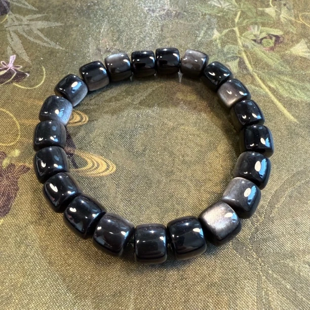 铜合金手链 9*10mm桶珠银曜石手串