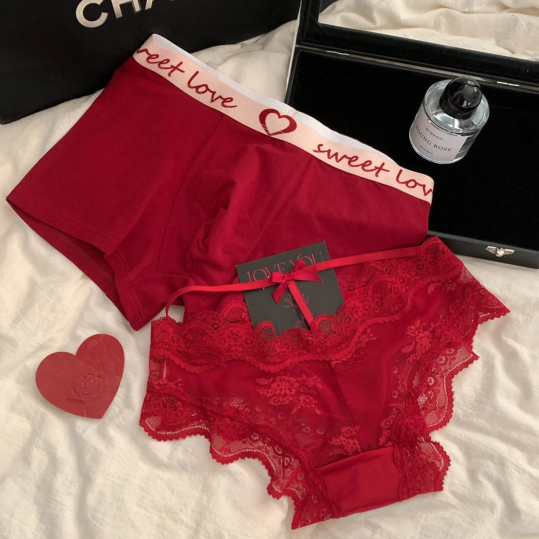 【情侣款】镂空性感纯欲蕾丝情侣内裤一男一女红色2024新款本命年
