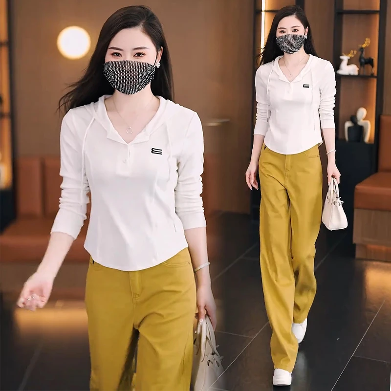 时尚套装女2025春季新款洋气穿搭一整套连帽卫衣牛仔阔腿裤两件套