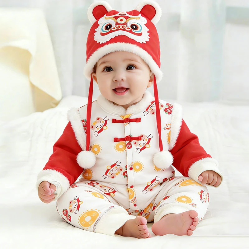 【送帽子】冬季婴儿连体棉袄500g大红宝宝拜年服喜庆周岁满月服棉衣