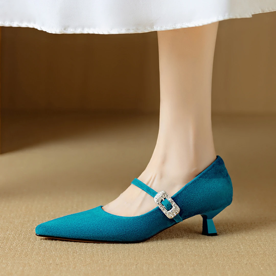 羊反绒！蓝色显白小高跟鞋2025新款尖头浅口法式一字带中跟单鞋女