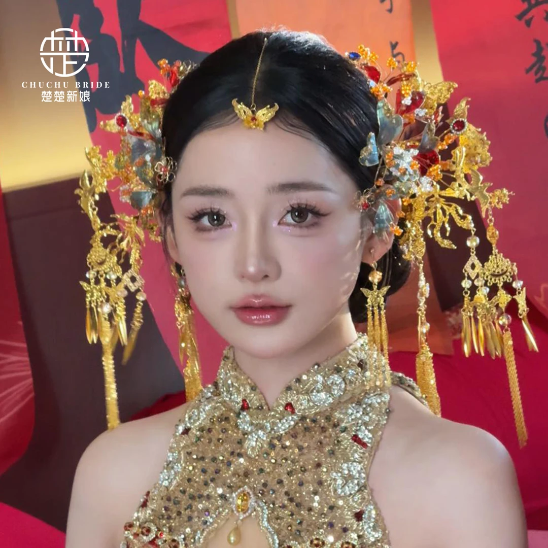 新款简约大方新娘头饰红金蓝撞色秀禾服饰品精致眉心坠配饰晨袍配