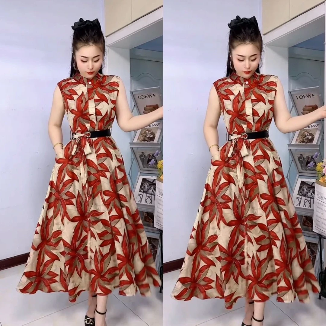 2025夏季新款洋气印花系带收腰显瘦立领欧货爆款无袖长款连衣裙女