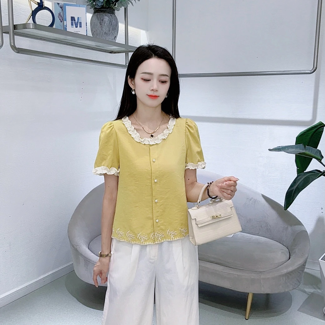 A8585夏季短袖衬衫气质花边领百搭纯色宽松新款休闲显瘦上衣