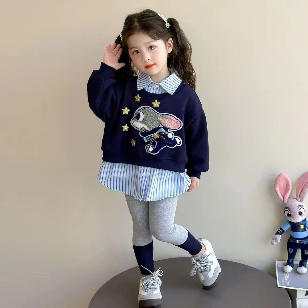 女童新款秋季套装兔子警官假两件韩版卫衣可爱洋气打底裤两件套