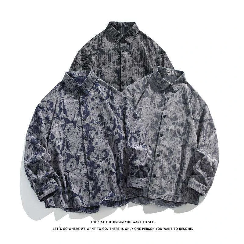 高品质复古扎染长袖衬衫设计感男宽松衬衣外套C2199