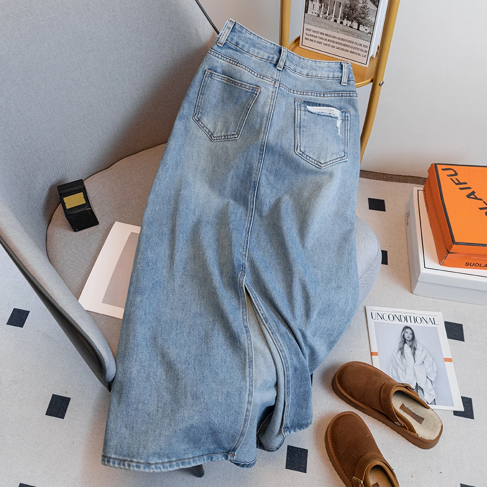 0597浅色牛仔半身裙女春夏款2025年长款高腰显瘦开叉a字包臀裙子