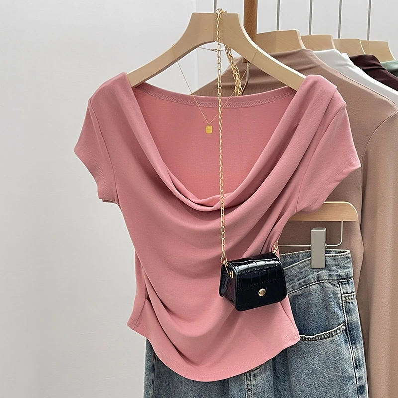 设计感小众修身显瘦弹力短袖T恤女夏纯欲正肩不规则辣妹短款上衣