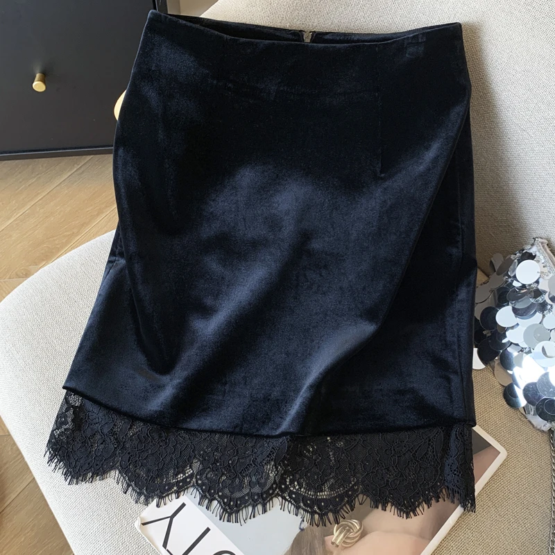 金丝绒黑色蕾丝花边包臀裙高腰修身显瘦法式复古气质名媛半身短裙