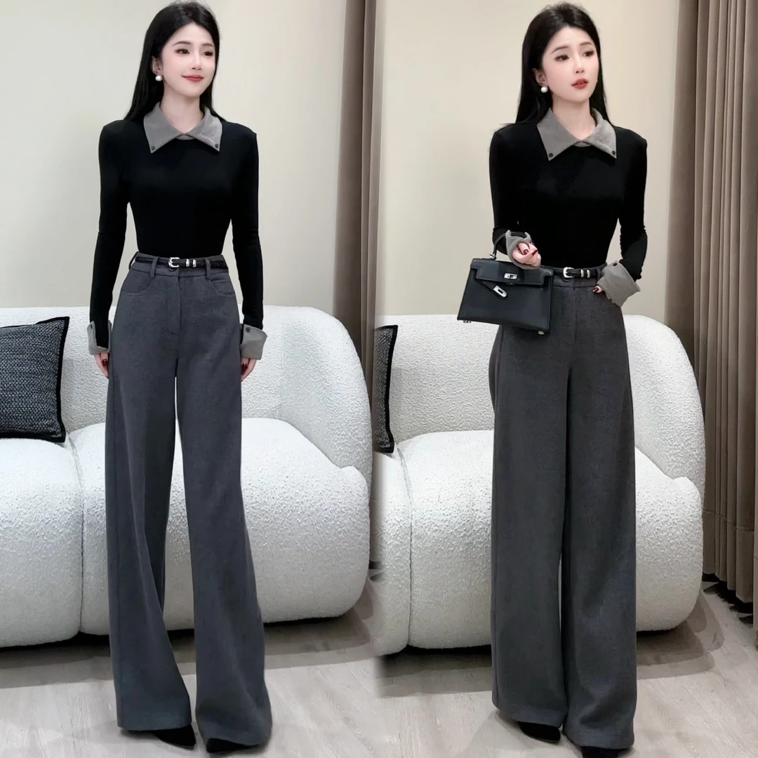 【现货】秋冬时尚新款韩系百搭翻领拼接加绒加厚长袖+休闲裤子套装