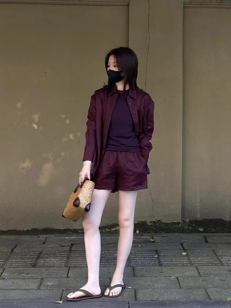 女夏2025出游穿搭极简老钱风亚麻衬衫套装麻料防晒衬衣短裤两件套