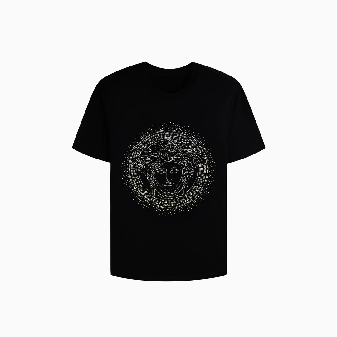 Lilith夏季新款轻奢男士圆领半袖黑色短袖烫钻时尚休闲上衣百搭