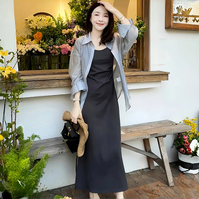 时尚减龄防晒套装裙女夏季薄款长袖冰丝衬衫内搭吊带连衣裙两件套