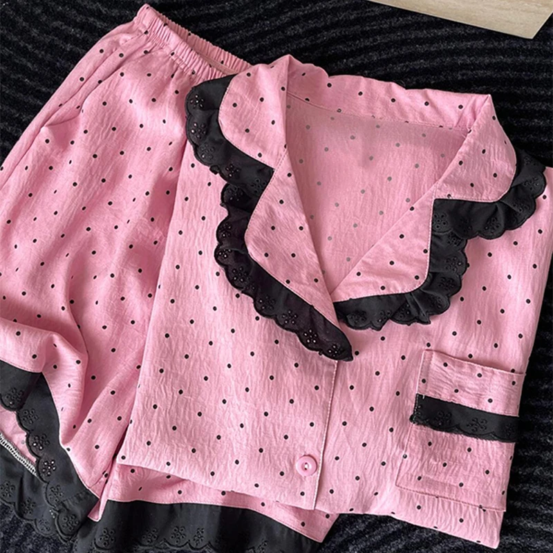 粉色花边蕾丝花边睡衣女夏季舒适大码短袖短裤波点开衫套装可外穿