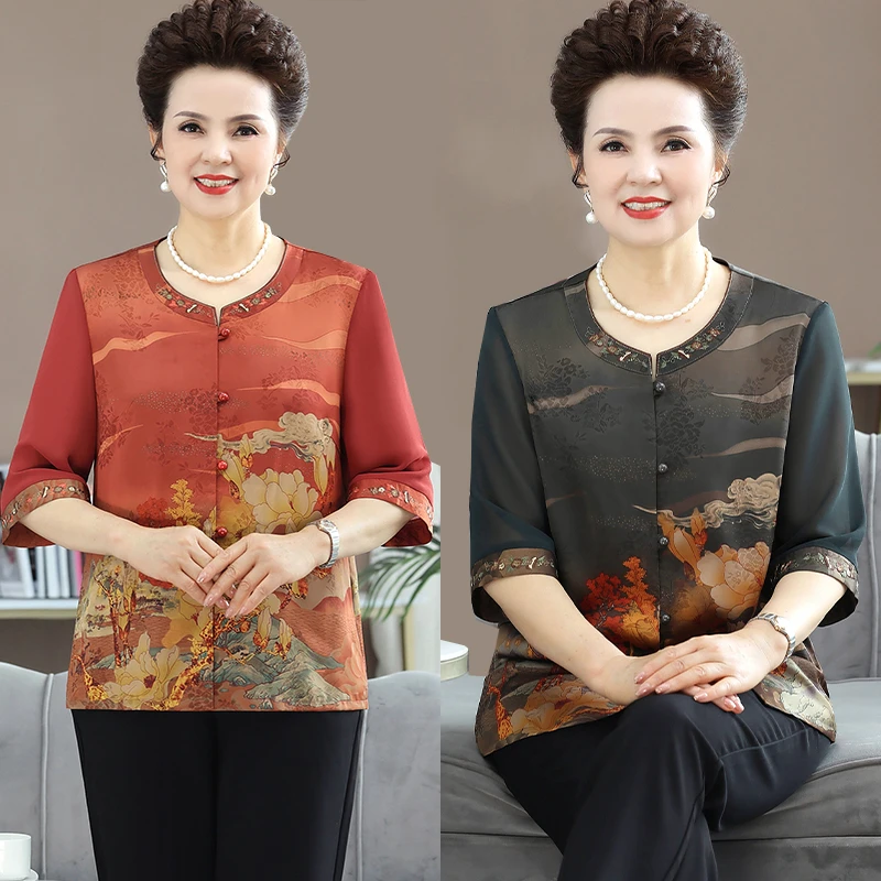 中老年人夏装大码女妈妈印花七分袖老人宽松夏季奶奶太太中袖衬衣