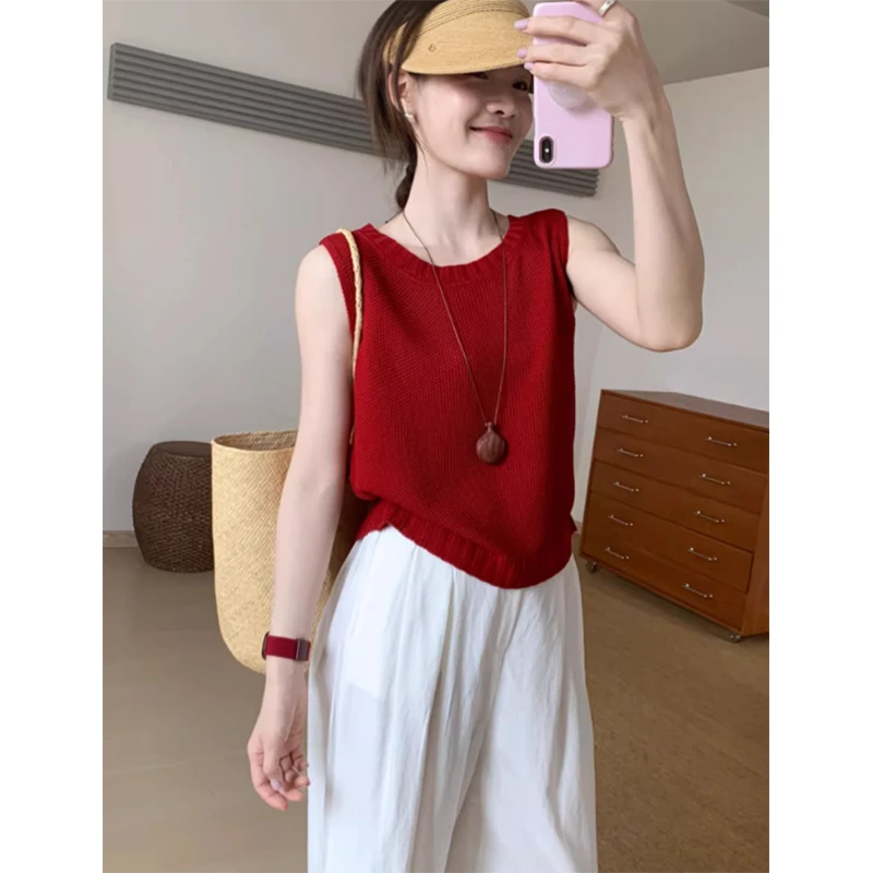 夏日绝美清冷松弛感穿搭红色背心亚麻长裤两件套装夏季女2025新款