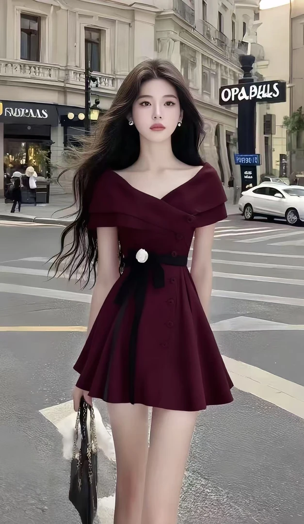 轻奢时尚高端大气温柔风酒红色低领短袖修身收腰设计感系带连衣裙