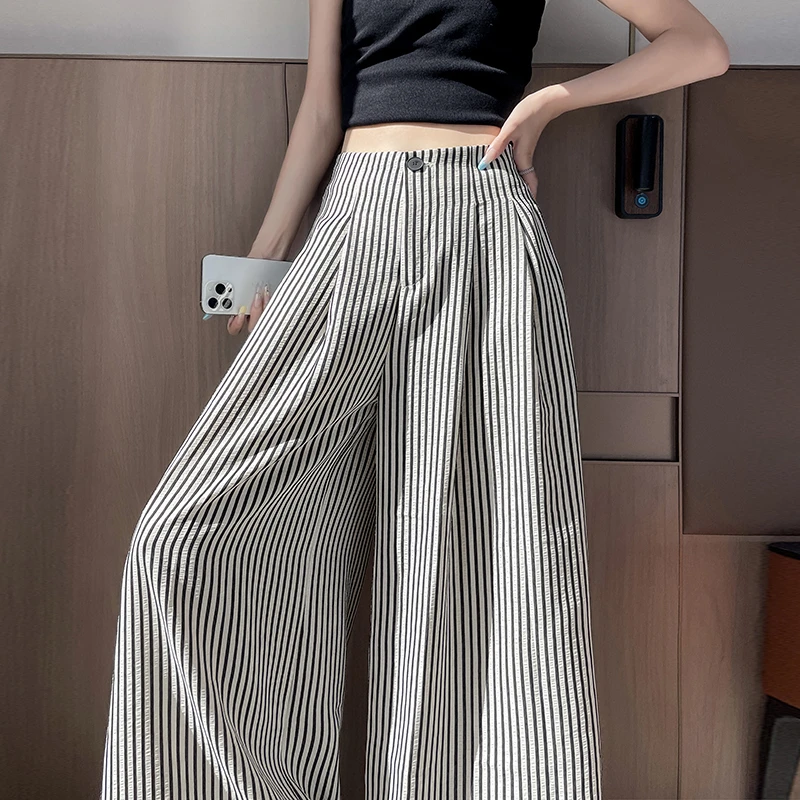 冰丝麻棉条纹阔腿裤女夏季薄款高腰显瘦慵懒风宽松直筒垂感拖地裤