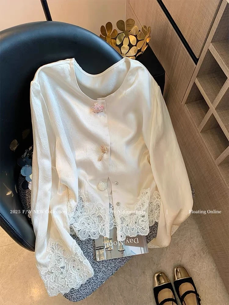千金风长袖新中式宽松衬衫夏季蕾丝民族风设计感国风上衣