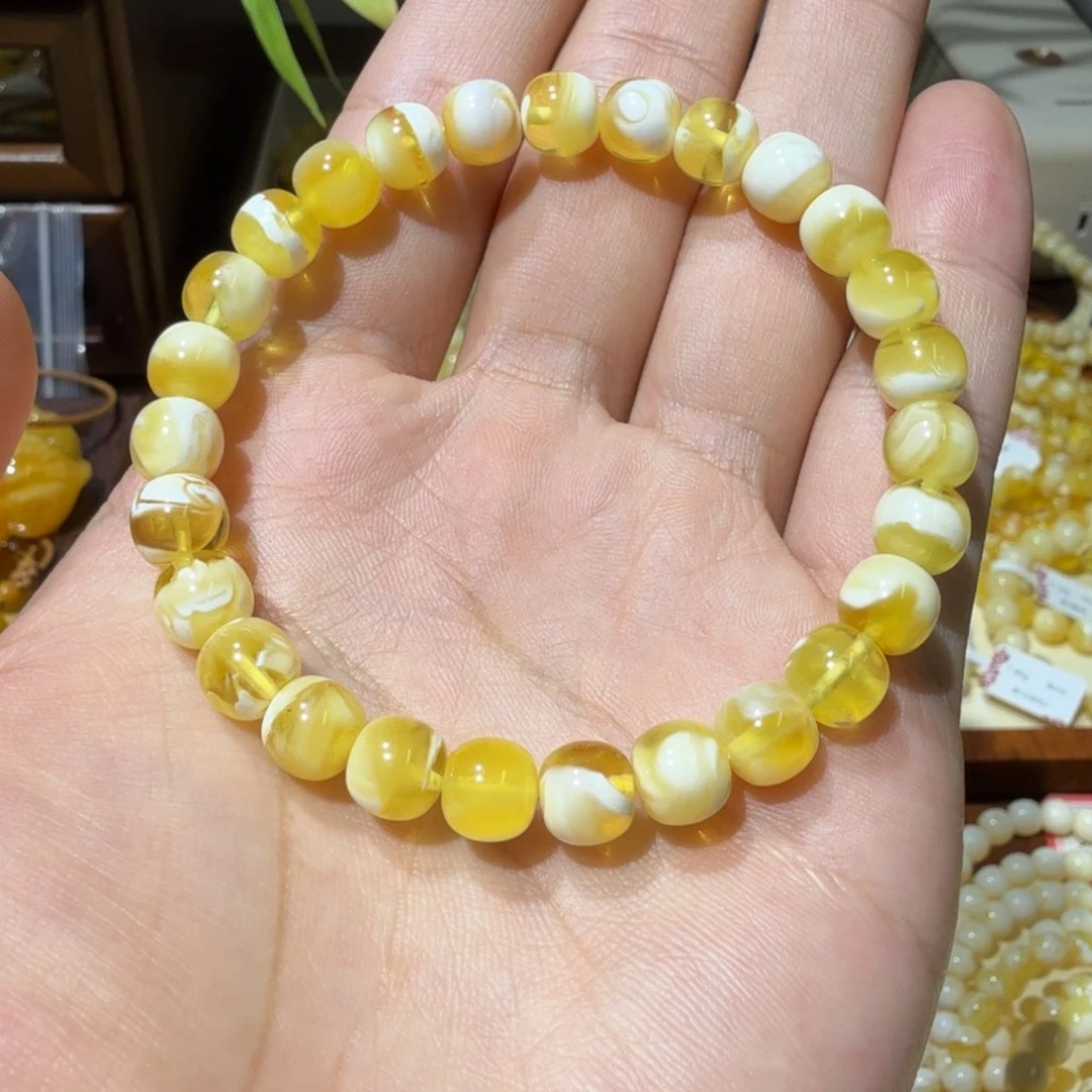 未镶嵌蜜蜡手链8+俄料金瓷白花精工老型手串