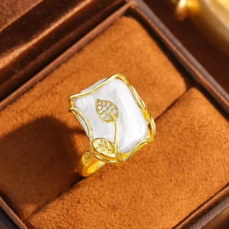 【绍兴龙华】天然珍珠东方树叶方糖戒指S9051