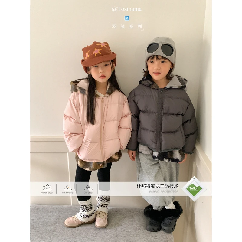 豆几妈11/10儿童冬款男童杜邦三防颗粒绒拼接羽绒服女童羽绒外套