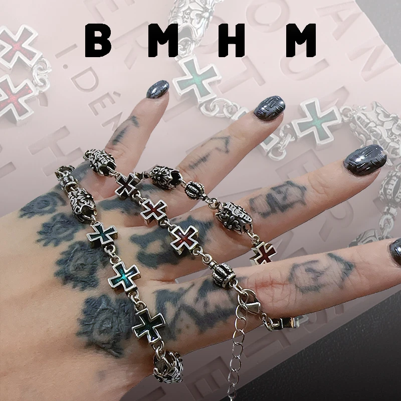 BMHM 铜合金项链 小众个性皇冠十字架项链ins风甜酷小众彩色珐琅
