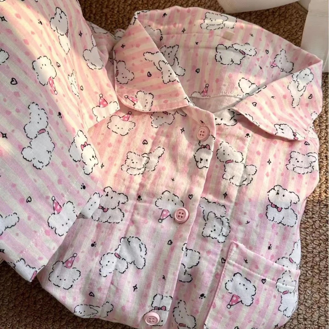 粉色条纹线条小狗睡衣女夏季新款短袖短裤ins日系可爱学生居家服