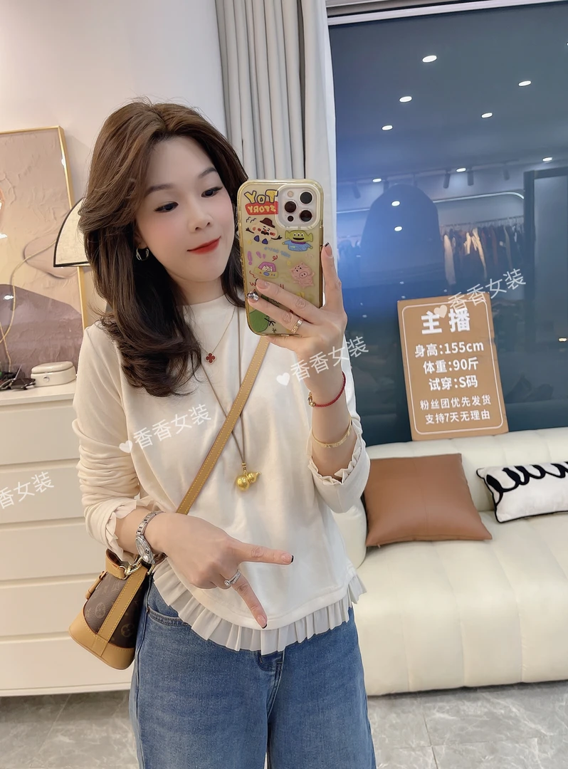 2025年新款小个子时尚显瘦设计感拼接假两件德绒花边长袖打底T恤