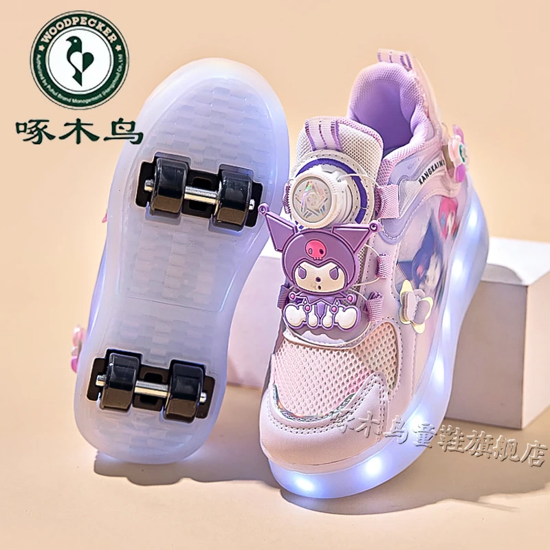 啄木鸟女童四轮暴走鞋2025新款女孩可收缩滑轮鞋儿童发光溜冰鞋潮