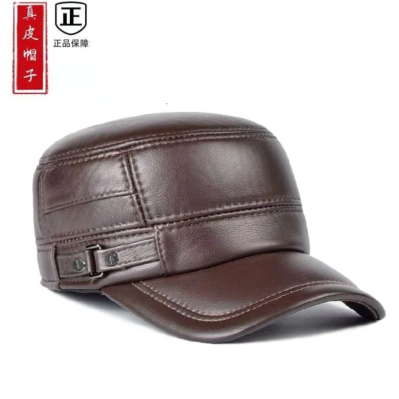 正品牛皮帽子男冬季真皮帽子男士护耳鸭舌平顶军帽中老年保暖加棉