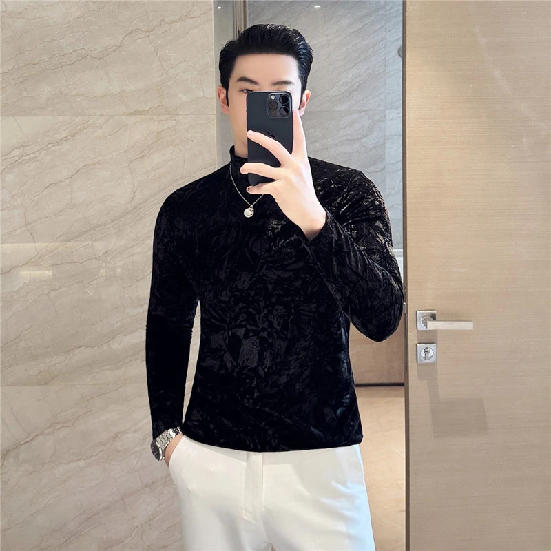 男士金丝绒打底衫半高领修身长袖秋冬新款内搭潮流T恤男时尚中领