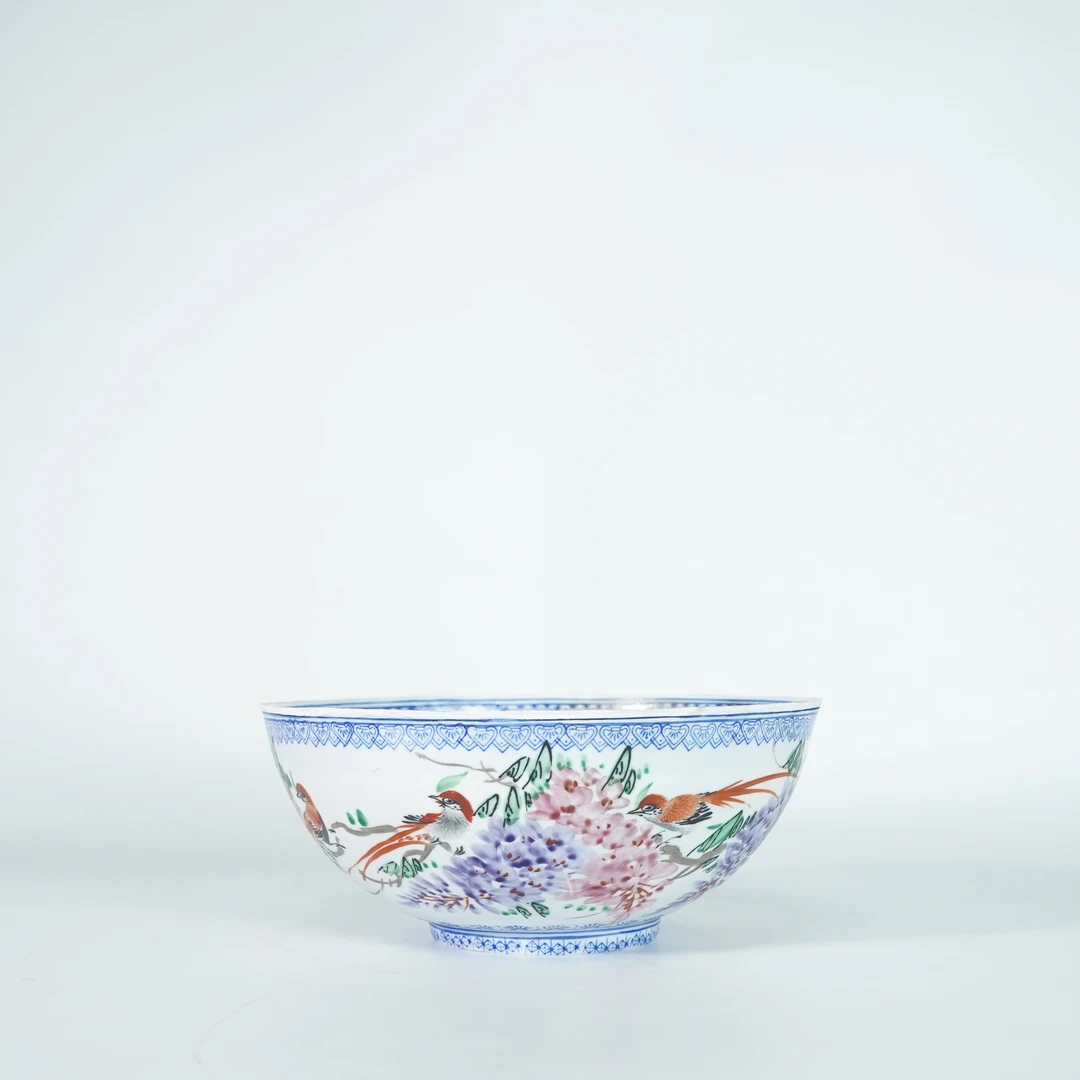 LDGJ251201007【十竹斋】民国晚期凤戏牡丹珐琅彩蛋壳瓷赏碗