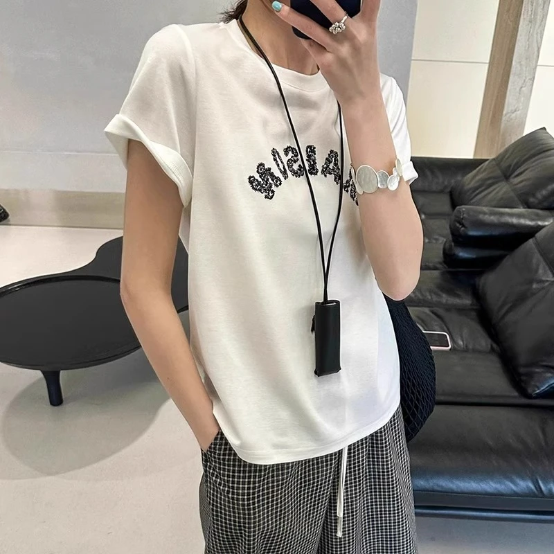 白色刺绣字母正肩圆领短袖T恤女夏2025新款欧货宽松显瘦半袖上衣