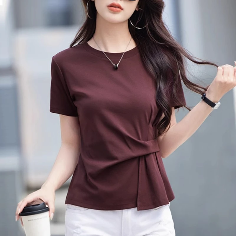 短款短袖T恤女2025夏季新款不规则遮肚子微胖显瘦设计感纯棉上衣