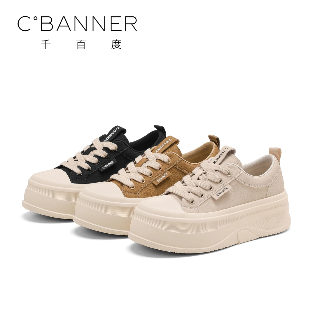 C.BANNER/千百度增高休闲鞋2025新款潮流复古百搭厚底系带板鞋