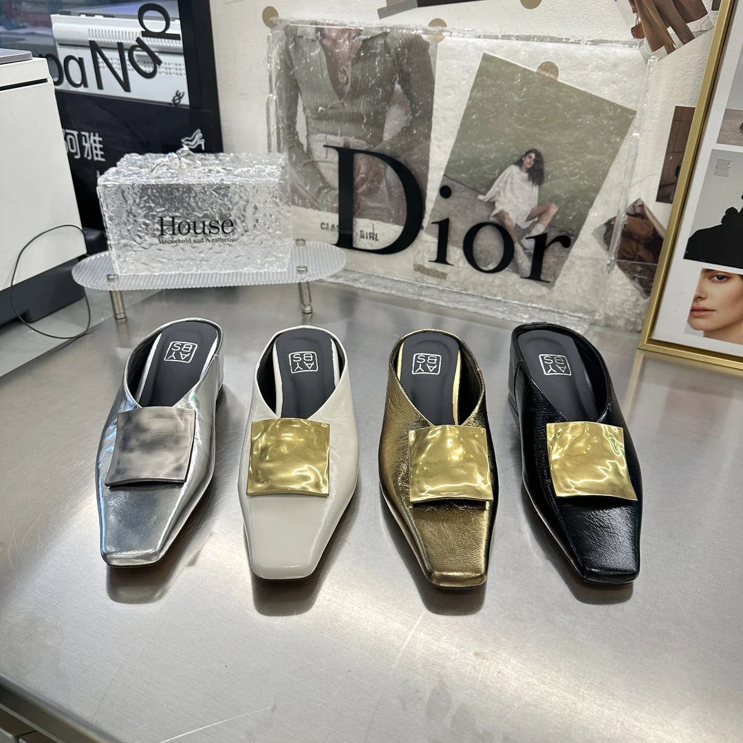 拖鞋中跟一脚蹬方头坡跟春季单鞋时尚休闲低跟粗跟百搭金属皮