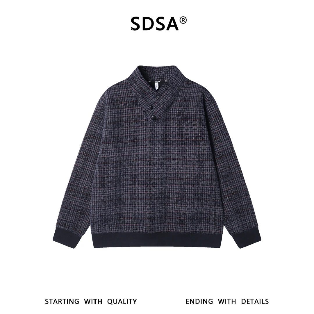 SDSA男士秋冬新款痞帅男装老钱风绒毛撞色格纹V领卫衣百搭时尚潮