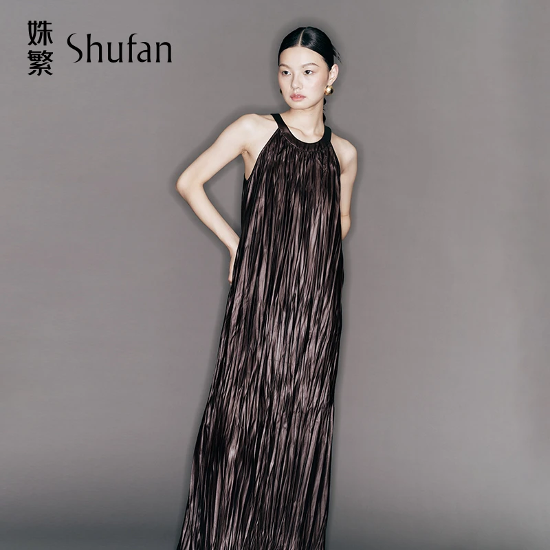 姝繁  咖色艺术感立体压褶吊带连衣裙优雅时尚百搭性感SKWFR1l649