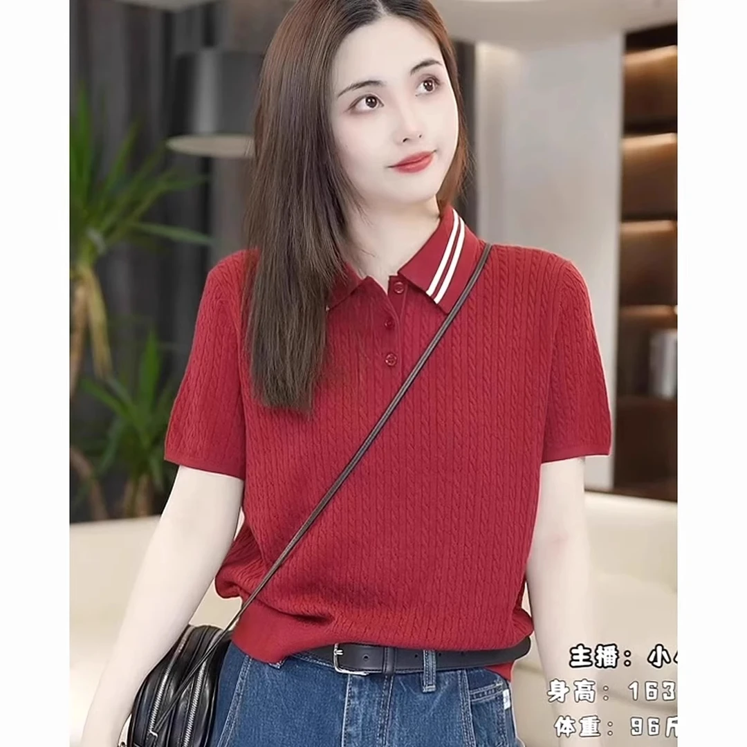 芯娇晴红色冰丝polo翻领针织衫女夏2025新款短袖t恤时尚宽松上衣
