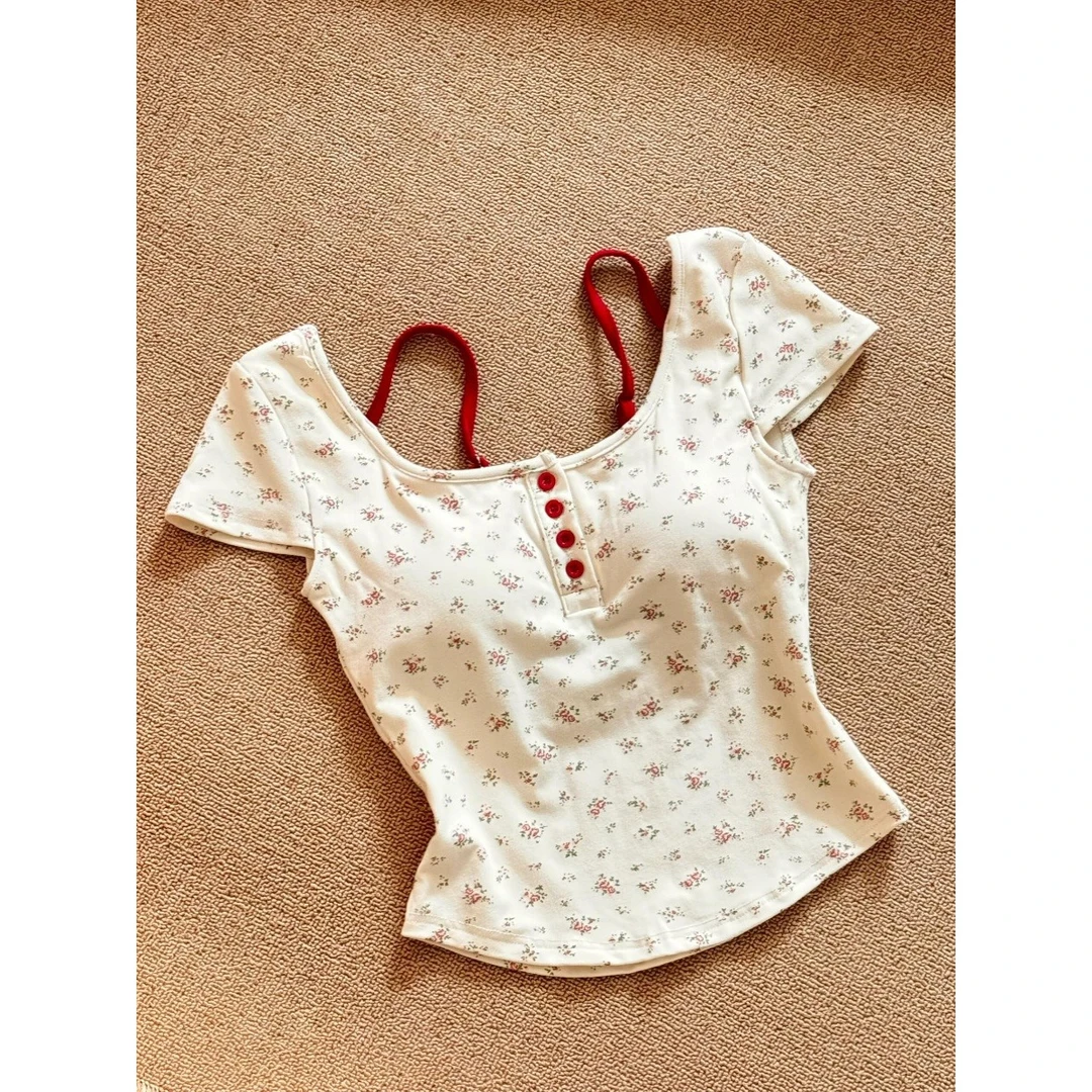 韩系碎花半开领短袖t恤女夏季修身短款纯欲露背高级感正肩短上衣